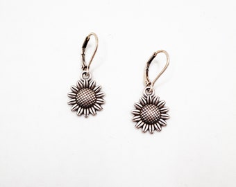 Sunflower dangly hoop earrings, Gift for vegans, Gift for her, Minimalist Jewelry, Girlfriend Womens gift Antique silver plated flower charm