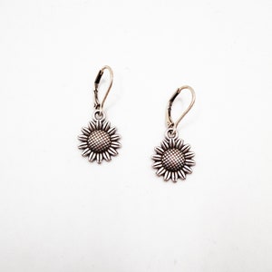 Sunflower leverback earrings, Gift for vegans, Gift for her, Minimalist Jewelry, Girlfriend Womens gift, Antique silver plated flower charm