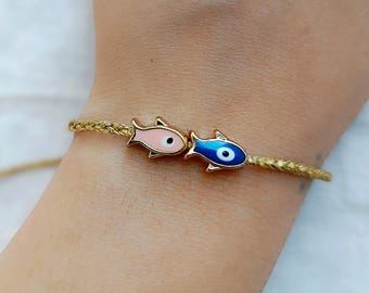 Two Fish Evil Eye Bracelet, Gold Sardine Charms, Adjustable Cord, Couple Gift, Coastal jewelry