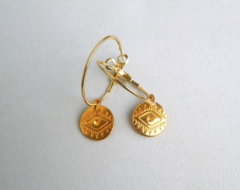 Pendientes de oro con forma de moneda del ojo turco: colgantes de acero estilo boho.