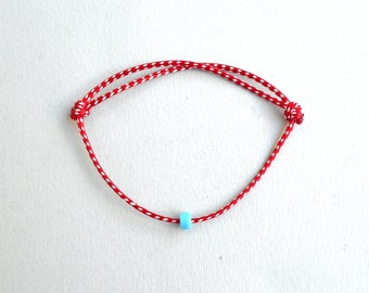 Red white rope bracelet with Turquoise bead, 1.5mm snake cord Mens Bracelet Simple Bracelet Adjustable bangle gift Martis Martisor bracelet