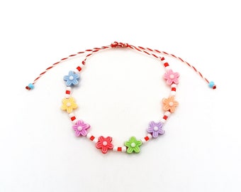 Beaded flower bracelet, Acrylic beads, y2k, spring jewelry, Rainbow flowers, Red and White cord, Gift for kids, Fairycore, Bff gifts, 90s