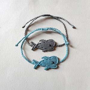 Macrame whale bracelet, Mommy and kid Ciel blue Unisex, Adjustable, Sea lover gifts Surfer Braided waxed cord woven jewelry Gift for him her image 2