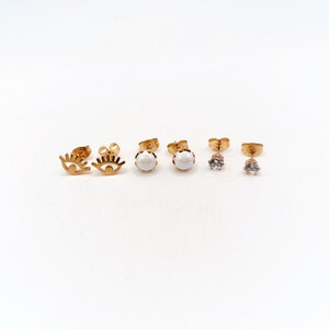 Stainless steel earrings set, Crystal, Evil eye and Pearl studs, Everyday wear, Hypoallergenic earrings Minimalist, Gold plated earrings