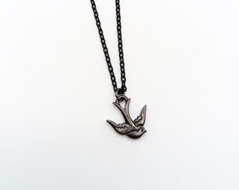 Gunmetal Swallow chain necklace Small bird pendant Gift for him Mens jewelry Freedom symbolic jewelry Spring Gift for her Avian jewelry