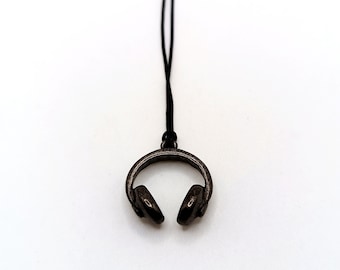 Gunmetal Headphones Pendant Necklace, Minimalist Music Lover Jewelry