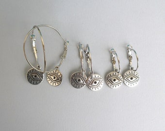 Evil eye hoops, Hoop earrings with charm, Mothers day gift, Engraved coin, Disc charm, Steel earrings, Boho chic earrings, Dangle hoops