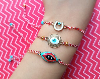 Evil eye Martis bracelet, Lucky Horseshoe March jewelry, Matisor, Martenitsa, Red and White Twisted string, Greek Customs, Balkan Tradition