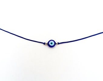 Evil Eye Cord Necklace Gold Silver beads Turkish glass amulet Waxed string Dainty Choker Everyday jewelry Protection Simple Short necklace