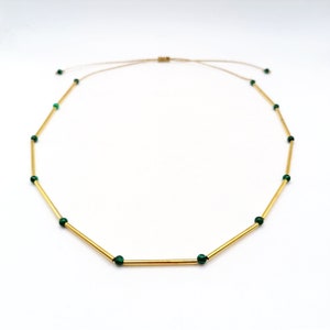 Malachite Bead Necklace: Brass Tube, Heart Chakra Healing Stone