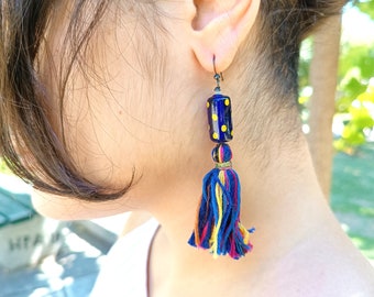 Tassel earrings Lampwork glass beads, Tube glass beads, Polka dot beads, Multicolor tassels, Fashion earrings, Bohemian gift, Gift for women
