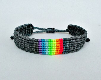 Neon Rainbow bracelet, Grey macrame cuff bracelet, Mens wristband Pride bracelet Knotted bangle Unisex gift, Discreet bracelet, Waxed string