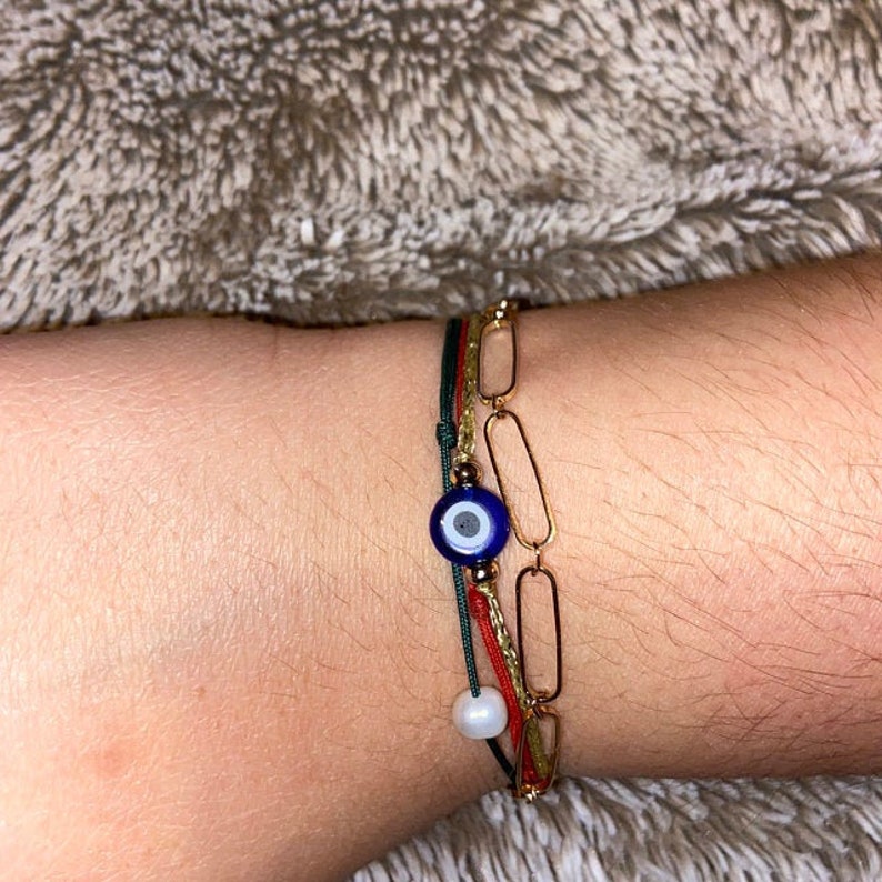 Gold string Evil Eye Bracelet 24k Gold plated beads Minimalist Blue Eye Lucky Bracelet Protection Greek jewelry Good luck gift Wish bracelet image 6