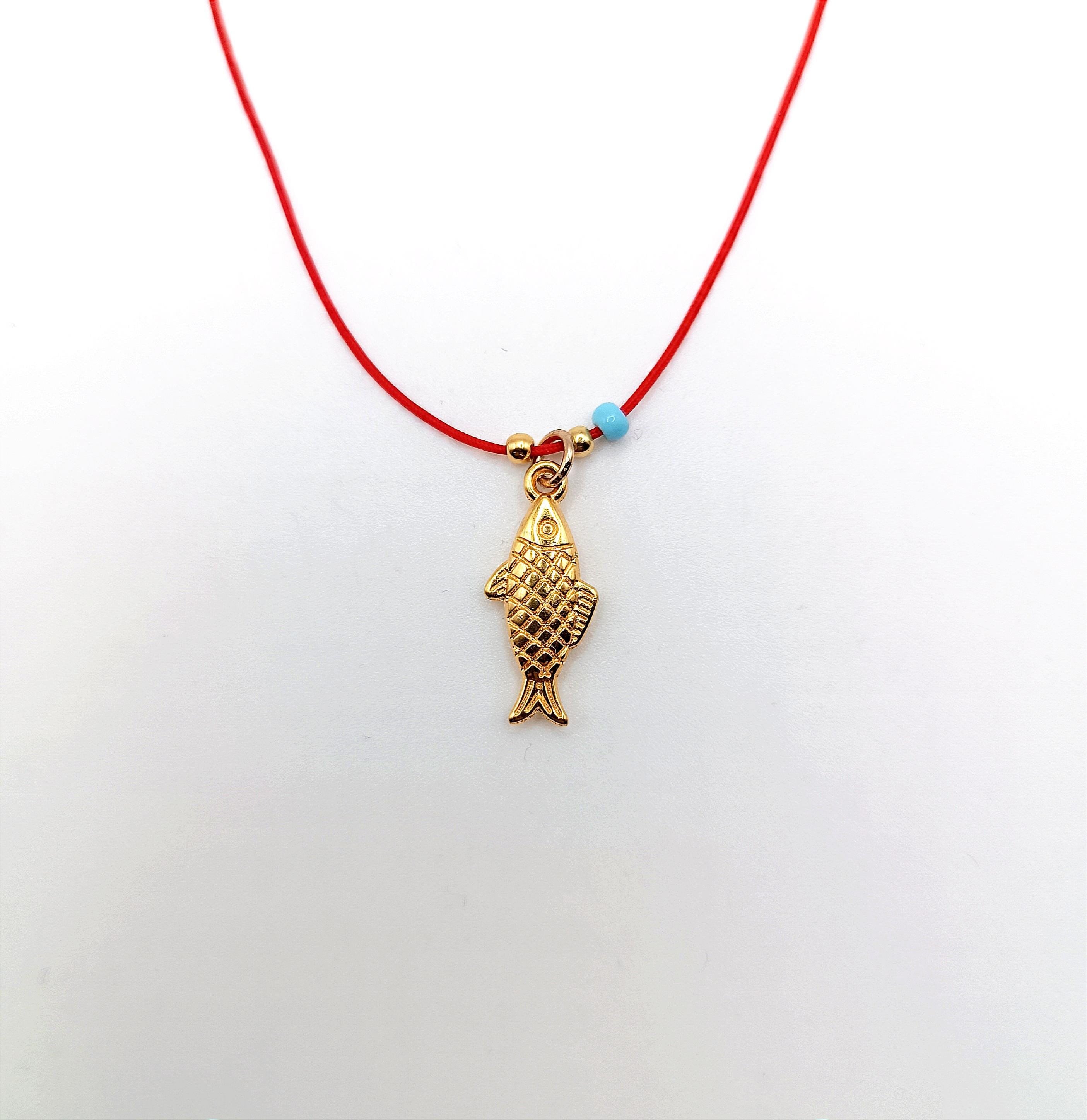 Fish charm necklace, 24k Gold plated charm pendant, Red string necklace, Good luck symbol, Fertility and abundance jewelry, Fish Lover Gift