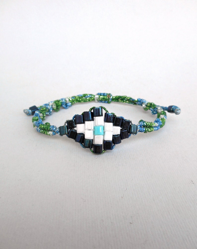 Mosaic evil eye macrame bracelet Metallic blue Christmas gift Beaded Greek jewelry Talisman protection Contemporary jewelry Stocking stuffer