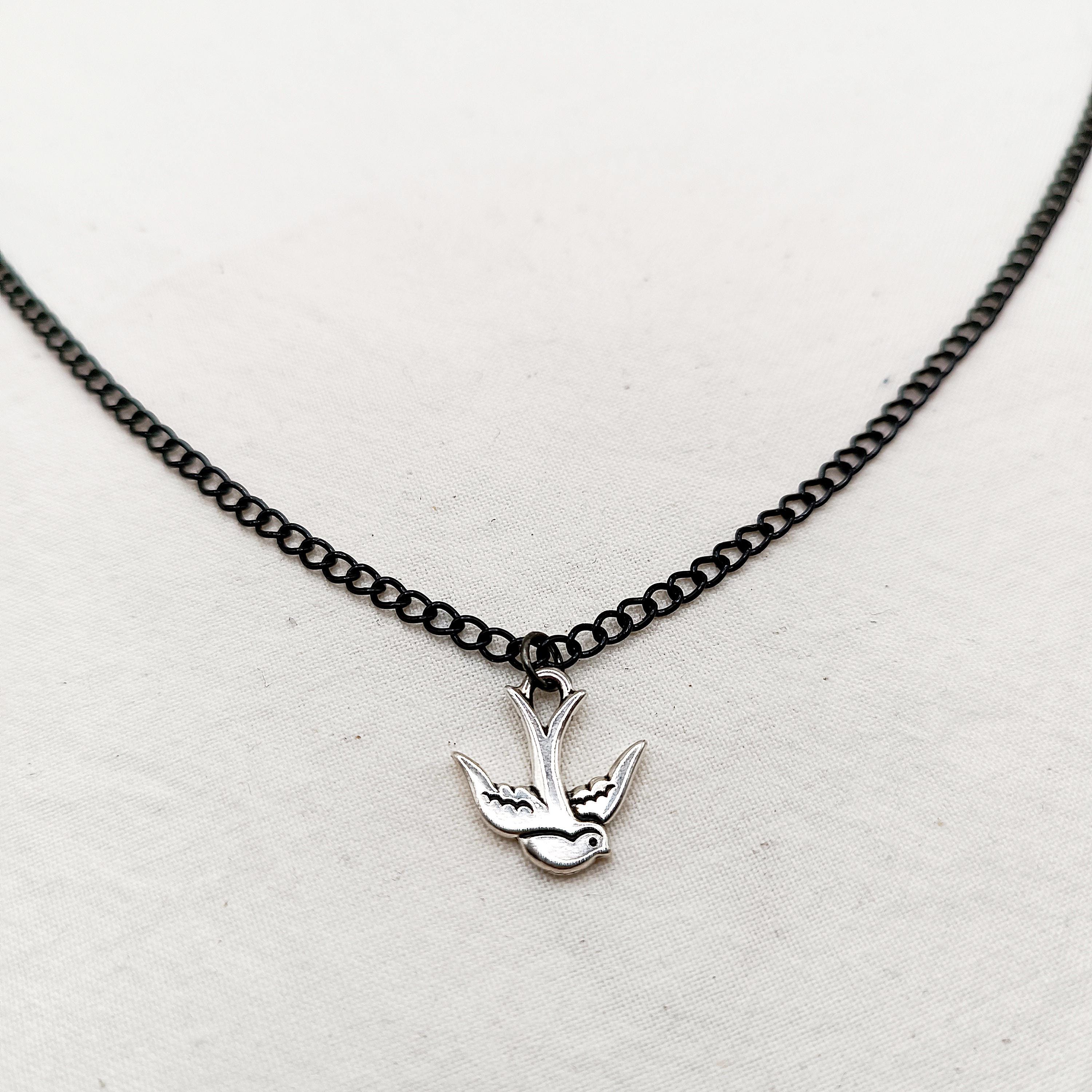 Silver Swallow Pendant Necklace: Black Brass Chain, Symbolic Avian Jewelry, Gift for him
