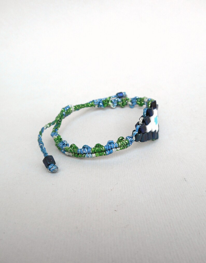 Mosaic evil eye macrame bracelet Metallic blue Christmas gift Beaded Greek jewelry Talisman protection Contemporary jewelry Stocking stuffer