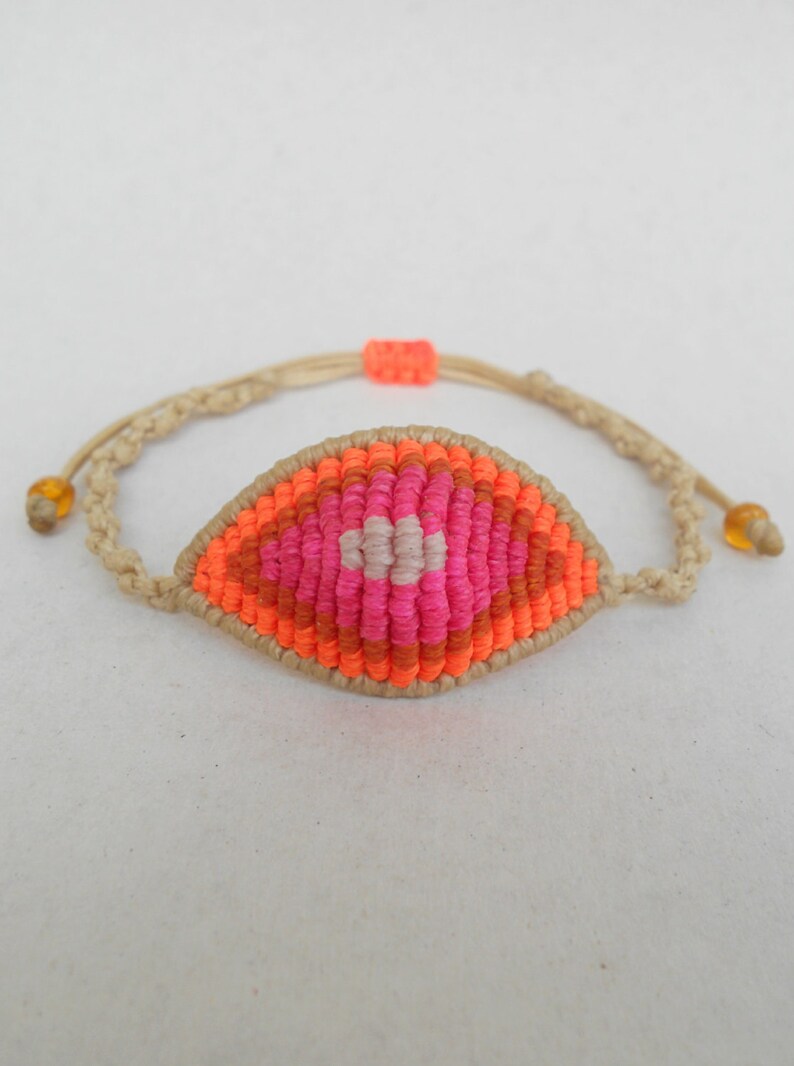 Ombre evil eye, Neon macrame bracelet Beach,Surfer girl Orange,Beige,Girlfriend gift,Adjustable,Devil protection,Good luck,Ethnic boho stack image 2