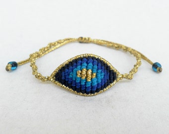 Blue and Gold Evil eye macrame bracelet, Modern greek, Lucky evil eye Devil protection Adjustable Ethnic Boho Gipsy Mal de ojo Waxed string