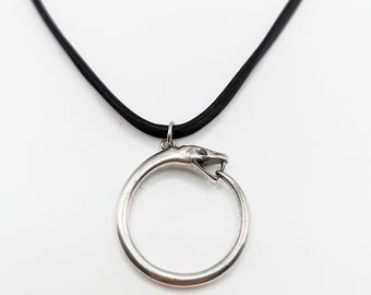 Silver ouroboros snake Pendant: Satin cord Necklace, Whimsical Goth Witch jewelry