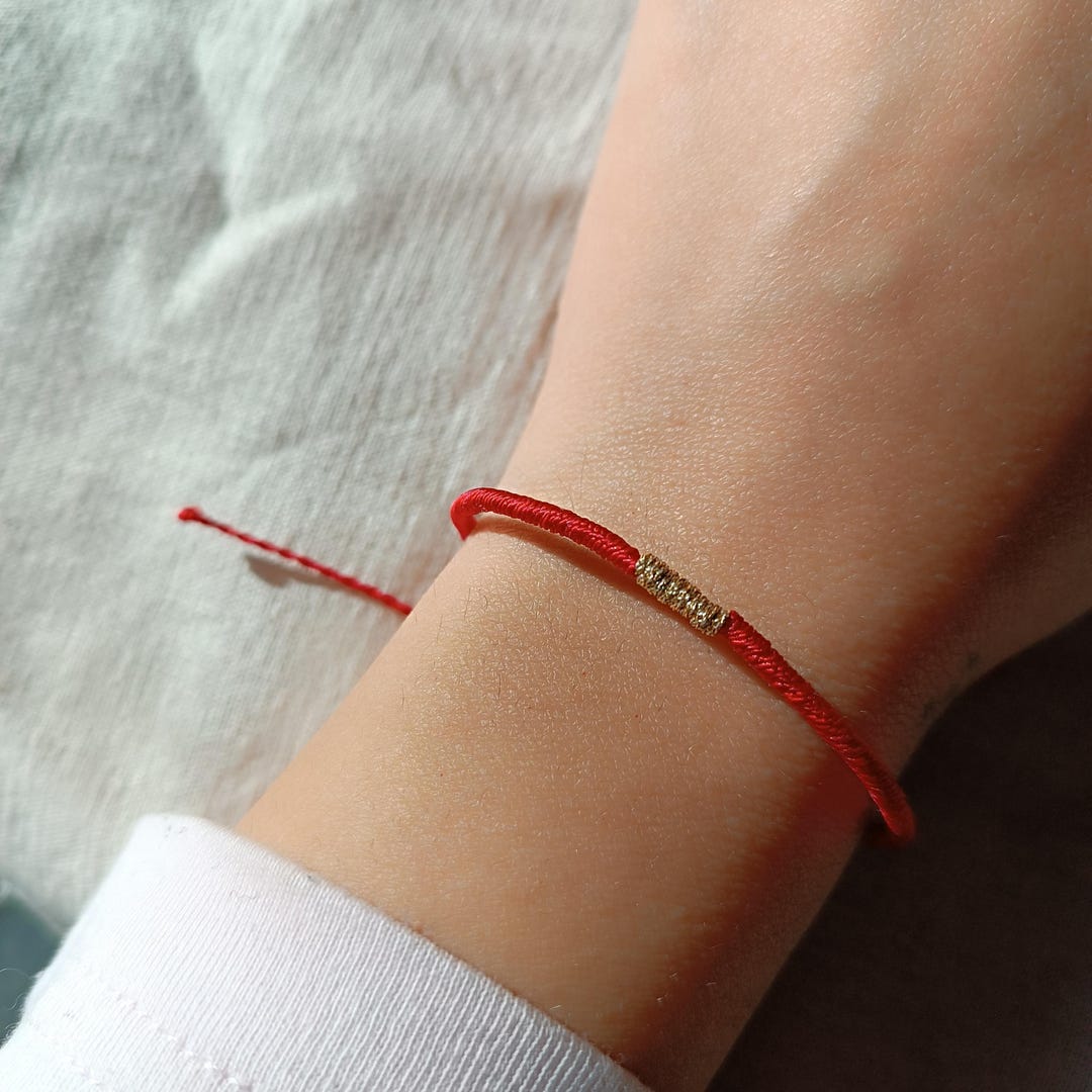 Dainty Red String Bracelet With Gold Thread, Adjustable Cord, Lucky ...