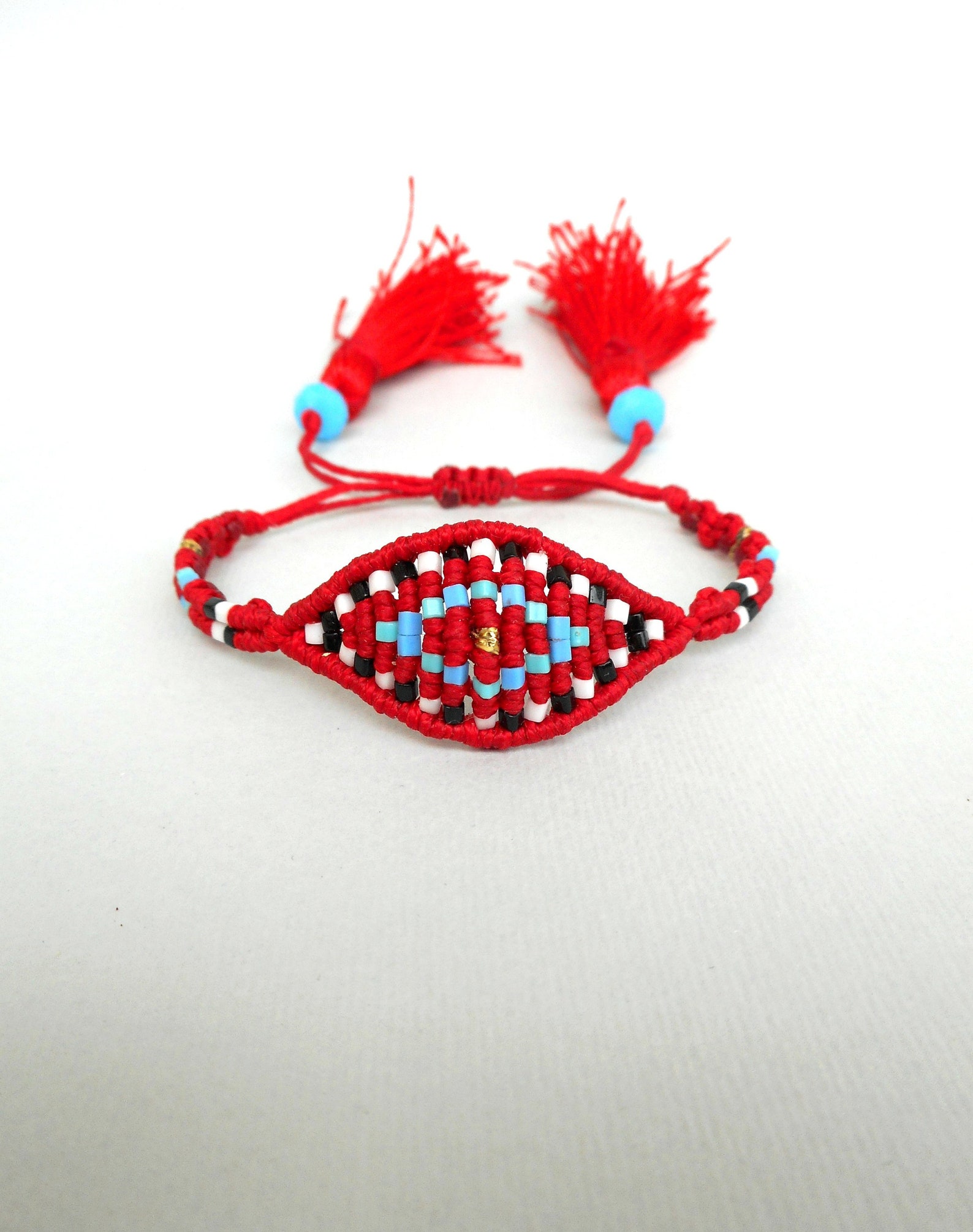 Beaded Evil Eye Bracelet Red Vegan Silk Tassel Bracelet Etsy