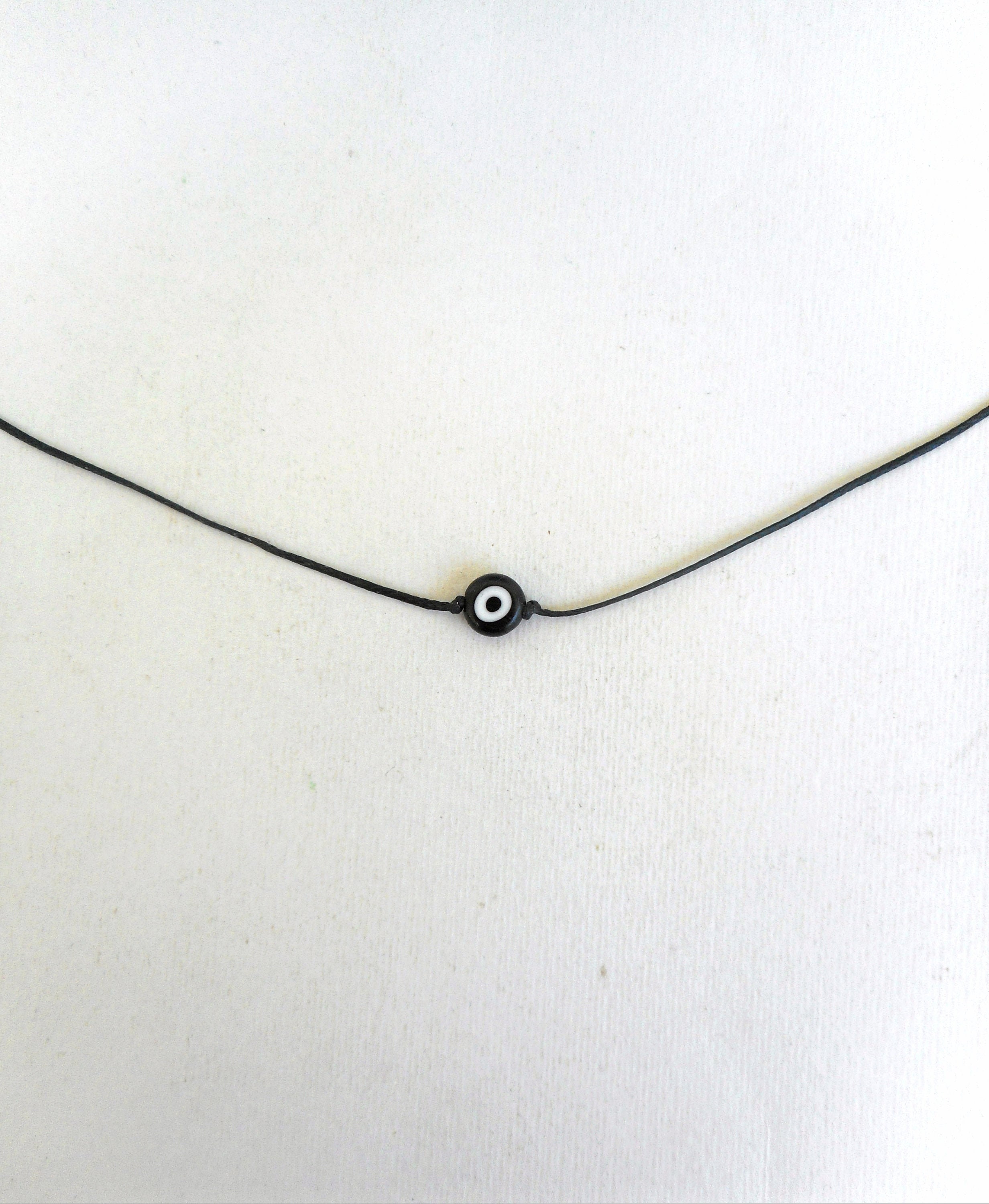 Black Evil Eye Choker Necklace String Necklace Whimsigoth Jewelry Short Necklace Adjustable 8mm Flat Glass Bead, Greek Mati, Minimalist Gift