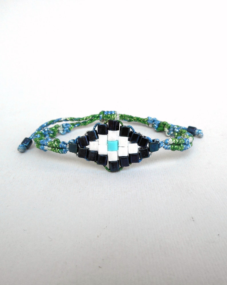 Mosaic evil eye macrame bracelet Metallic blue Christmas gift Beaded Greek jewelry Talisman protection Contemporary jewelry Stocking stuffer