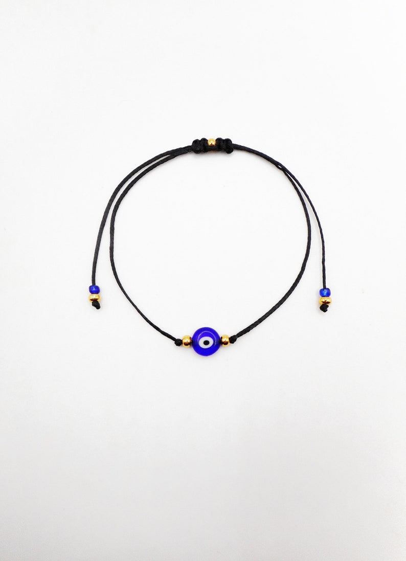 Gold string Evil Eye Bracelet 24k Gold plated beads Minimalist Blue Eye Lucky Bracelet Protection Greek jewelry Good luck gift Wish bracelet Black