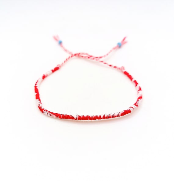 Red and White Nylon String Bracelet: Thin Waterproof Rope Wrap