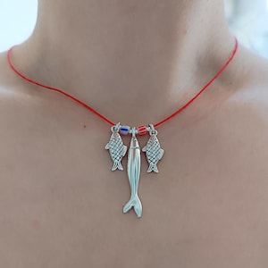 Three fish necklace, Antique silver plated charm pendant, Family gift,  Red string necklace, Boho summer, Fertility Abundance jewelry