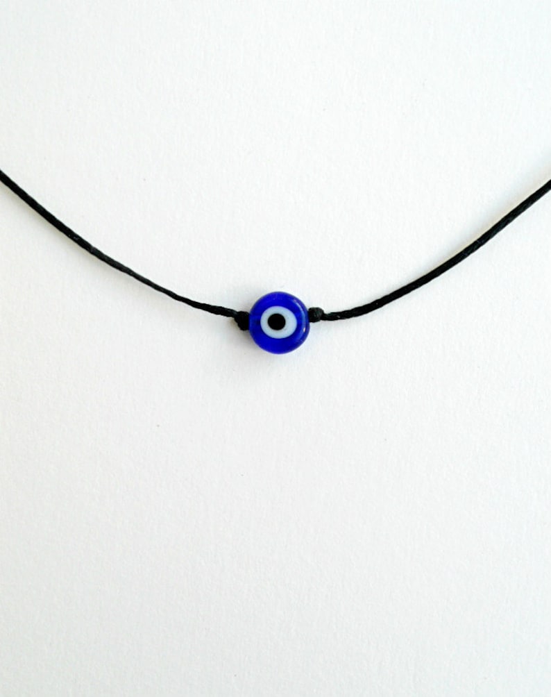 Evil eye necklace Greek mati Nazar necklace Simple Dainty Choker Waxed string Everyday jewelry Short necklace Adjustable Flat glass bead 