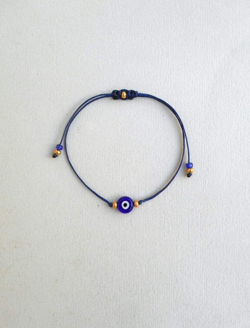 Gold string Evil Eye Bracelet 24k Gold plated beads Minimalist Blue Eye Lucky Bracelet Protection Greek jewelry Good luck gift Wish bracelet Navy blue