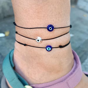 Evil Eye Anklet: Minimalist Nylon String, Protection Amulet, Wrist bangle, Adjustable cord, Mati gift