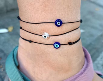 Evil Eye Anklet: Minimalist Nylon String, Protection Amulet, Wrist bangle, Adjustable cord, Mati gift