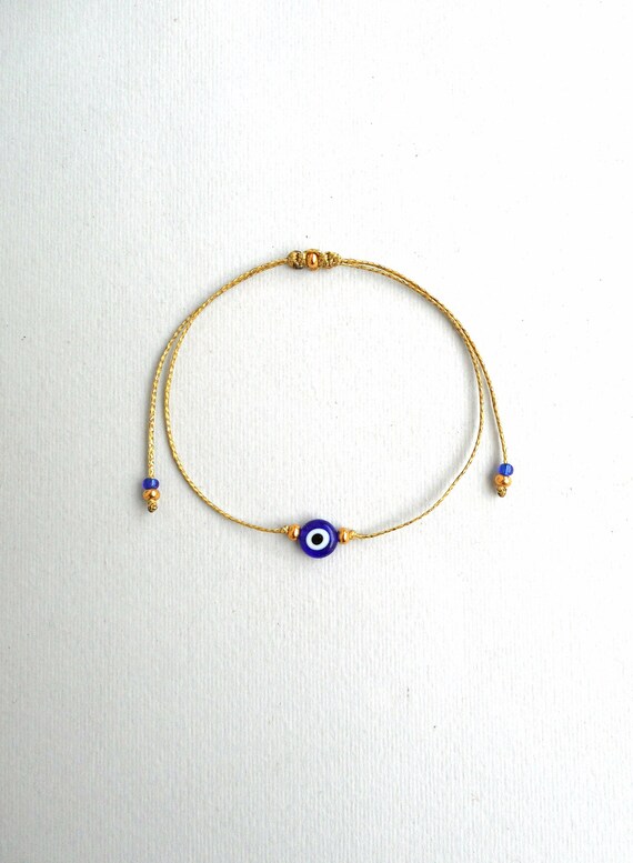 Gold string Evil Eye Bracelet, Mother's gift, 24k Gold plated beads Minimalist Blue Eye Lucky Bracelet Protection Greek Mati Good luck