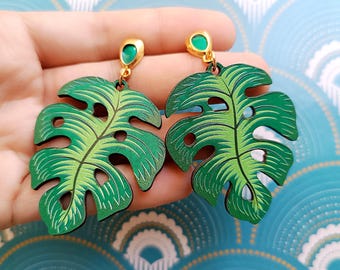 Ohrringe aus Holz mit Monstera-Blatt: Boho-Tropen-Anhänger, ausgefallener Schmuck, auffällige Ohrhänger