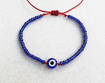 Blue evil eye glass beads, Red string bracelet, Kabbalah, Lucky amulet, All seeing eye, Devil protection, Greek Good luck Seed bead bracelet