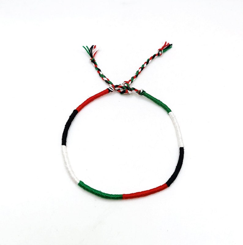 May include: A red, white, green, and black friendship bracelet with a knotted closure.