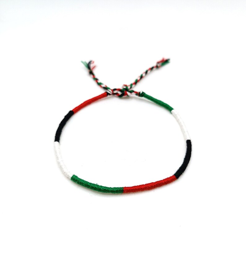 May include: A green, white, and black friendship bracelet with red accents. The bracelet is made of woven string and is tied in a knot at the end.