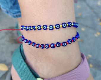 Evil Eye Perlen Fußkettchen: Miyuki Perlen, Wachskordel verstellbar, Sommer-Strandschmuck