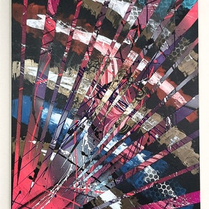May include: Abstract art painting with a black background and a burst of pink, red, blue, and white lines. The painting has a geometric pattern and a textured surface.