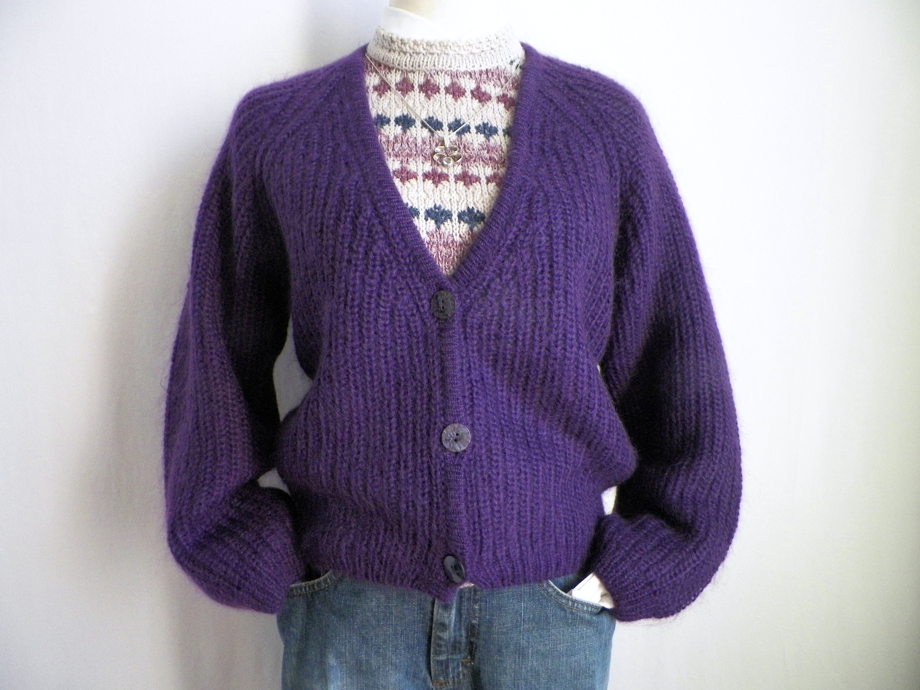 1970s CHERRY'S deep purple mohair crochet cardigan sweater | Etsy