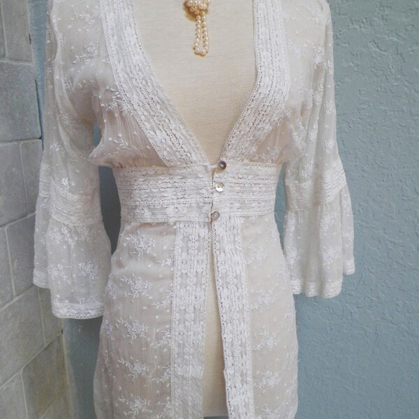 Steam Punk GOLD HAWK Anthropoligie Embroidered SILK Chiffon Sheer White Victorian Lace Blouse Lingerie Top Cardigan Tunic Bell Sleeve m