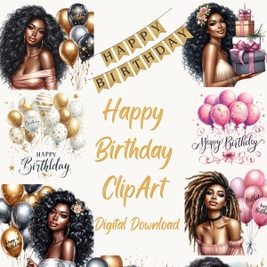 Clipart di buon compleanno, clipart acquerello, donna di colore, clipart di compleanno, clipart di pianificatore, illustrazione di celebrazione.