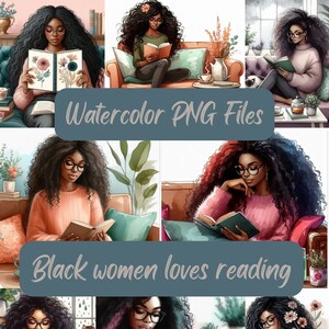 Femmes noires lisant des cliparts, clipart d'amateurs de livres, clipart de vers de livre, clipart aquarelle, fichiers png, fichiers imprimables, clipart planificateur, livres