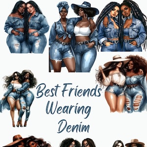 Beste Freunde Clipart, Denim Mädchen Clipart, schwarze Frauen, Aquarell Clipart, Jeansjacke Mädchen, Planer ClipArt, BFF ClipArt, Soul Sisters