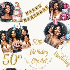 50e verjaardag, verjaardag meisje clipart, aquarel clipart, zwarte vrouwen, viering clipart, gelukkige verjaardag ClipArt,