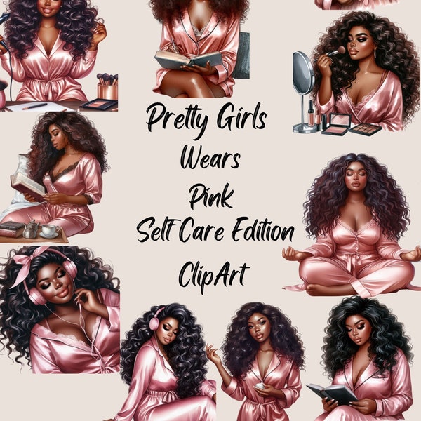 Pretty Girls Wears Pink, Watercolor ClipArt, Self Care ClipArt,  Watercolor cozy clipart, Black Woman ClipArt, Planner Girl ClipArt, Pink
