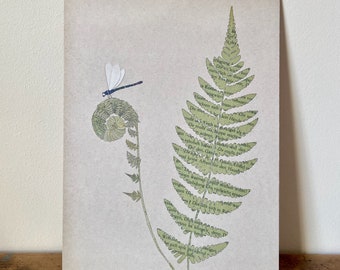 Dragonfly and fern - print poster art print A4 on cardboard